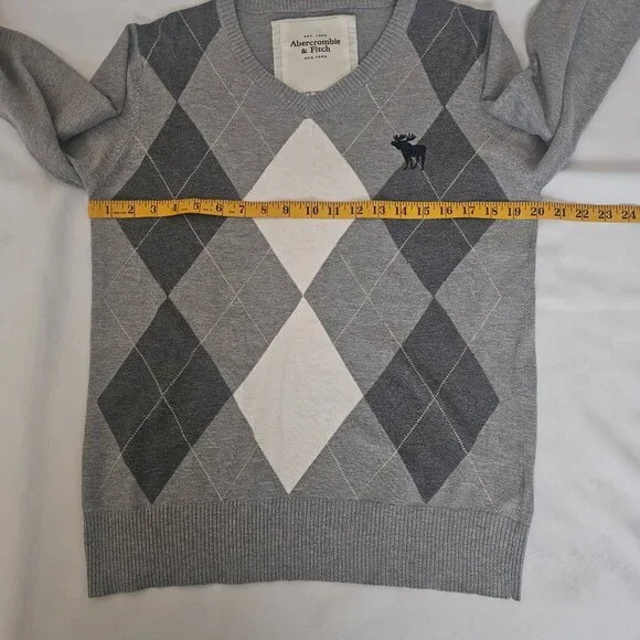 Abercrombie & Fitch Gray Argyle Moose Logo V-Neck Pullover Sweater Men's Size XL - Picture 8 of 9